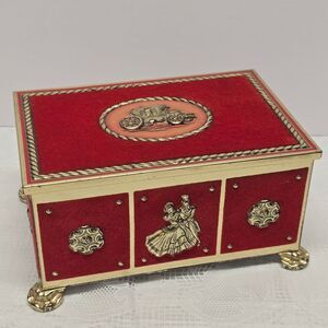 Vintage Footed Gold Metal Red Velour Victorian Carriage And Couple Trinket Box